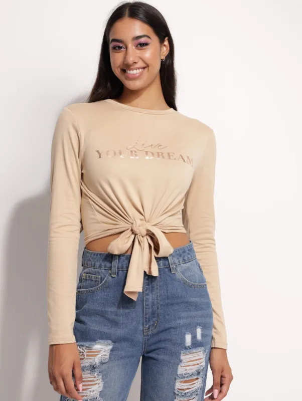 Ladies Long Sleeve Front Tie Tee - Taupe sold by Edgars