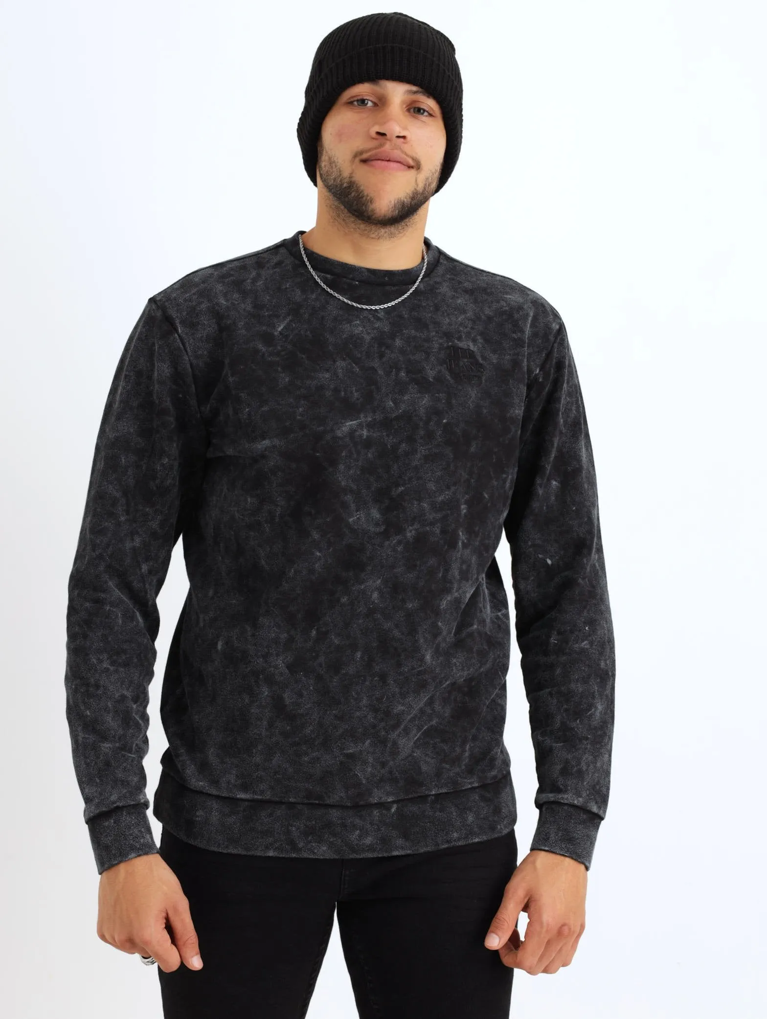 Men's Acid Denim Wash Crew Track Top - Navy sold by Edgars