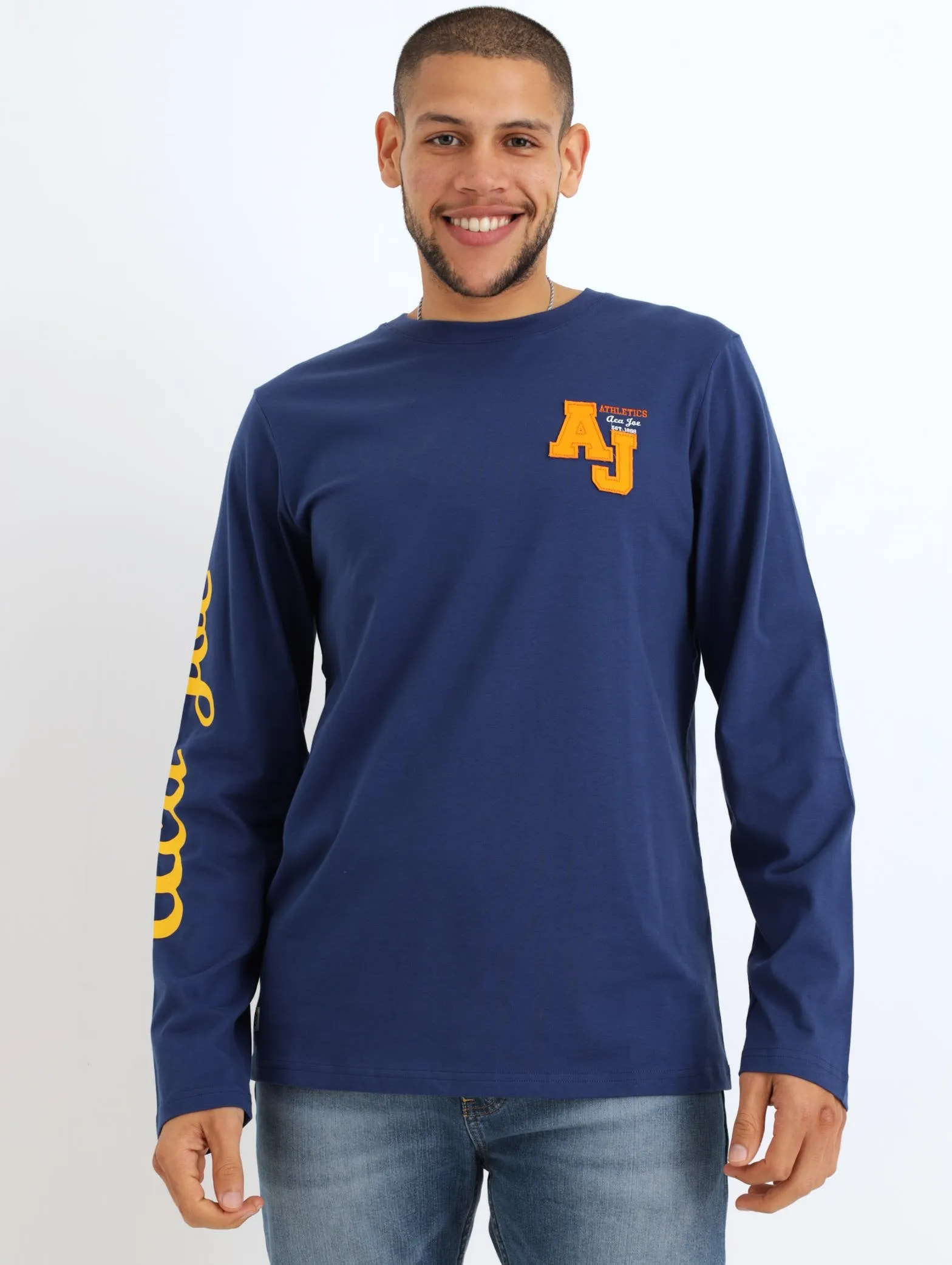 Men's Long Sleeve Applique/Print Crew Tee - Blue sold by Edgars