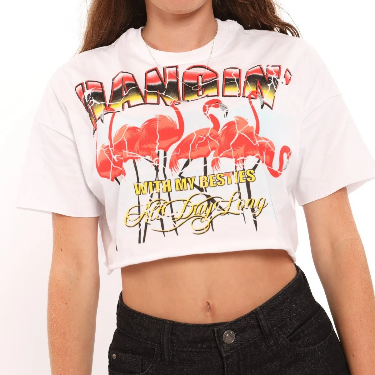 Ladies Cropped Flamingo Tee - White sold by Edgars