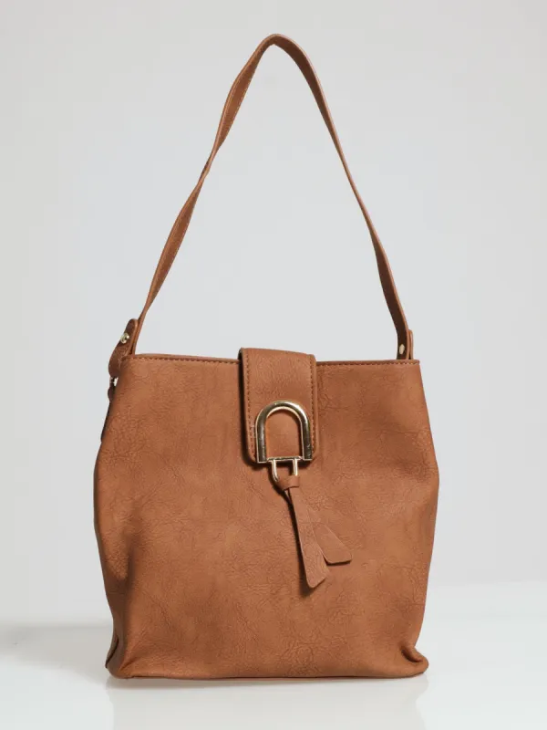 Gold Clasp Flap Shopper Bag - Tan made by Edgars 
