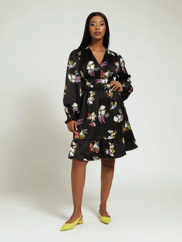 V-Neck Waisted Frill Hem Tea Dress - Black sold by Edgars