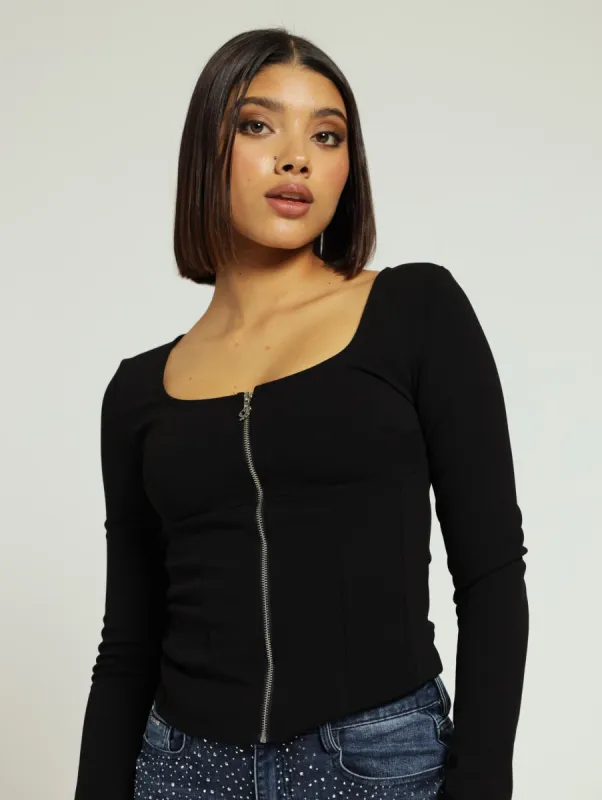 Zip Through Top With Panel Detailing - Black sold by Edgars