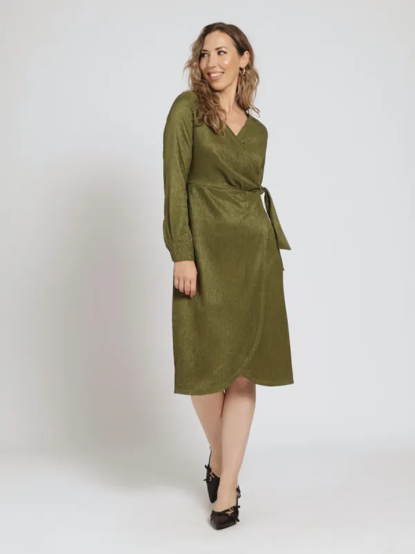 Collared Wrap Crinkle Midi Dress - Olive sold by Edgars