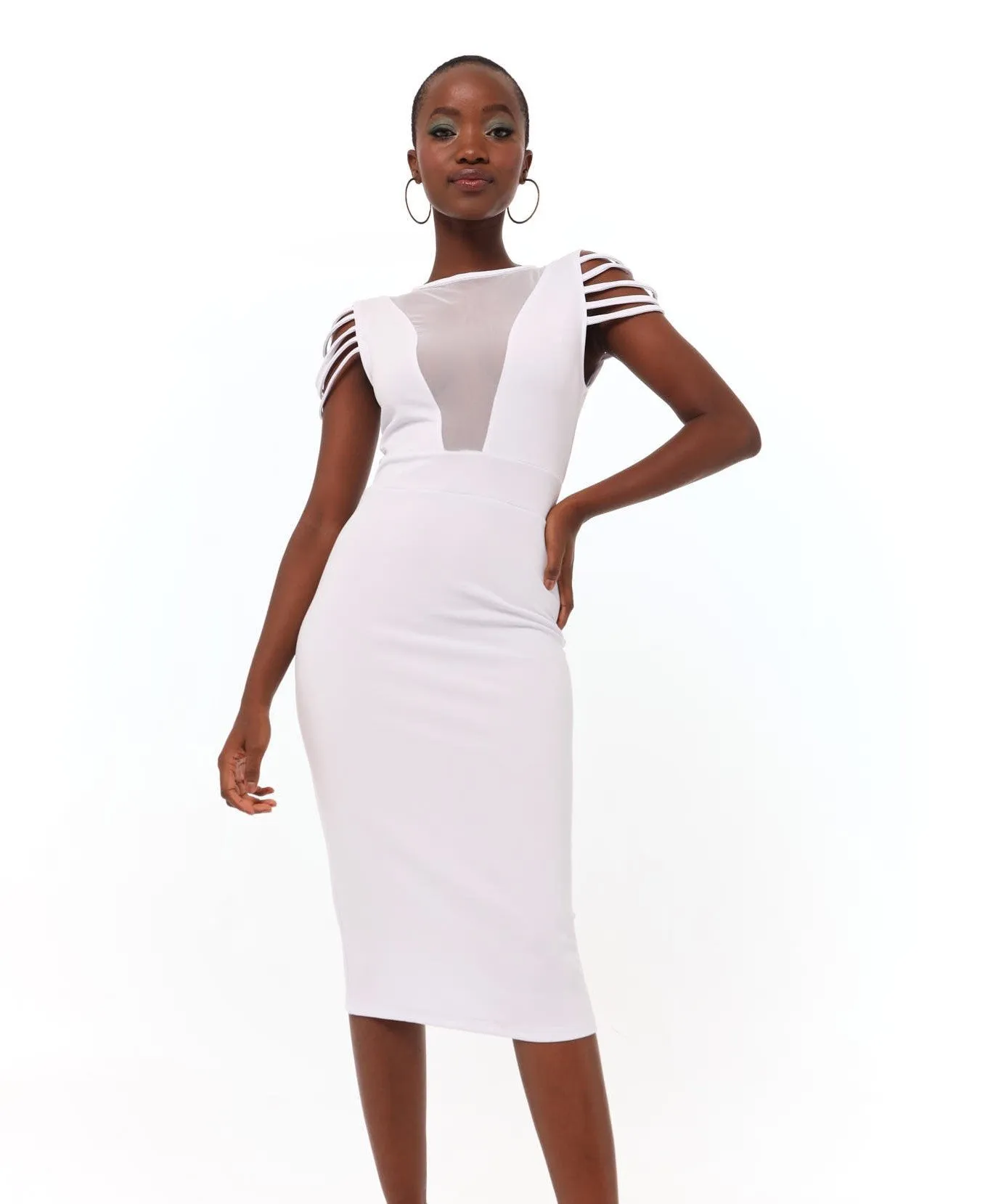 Ladies Mesh Inset Binding Arm Detail Dress - White sold by Edgars