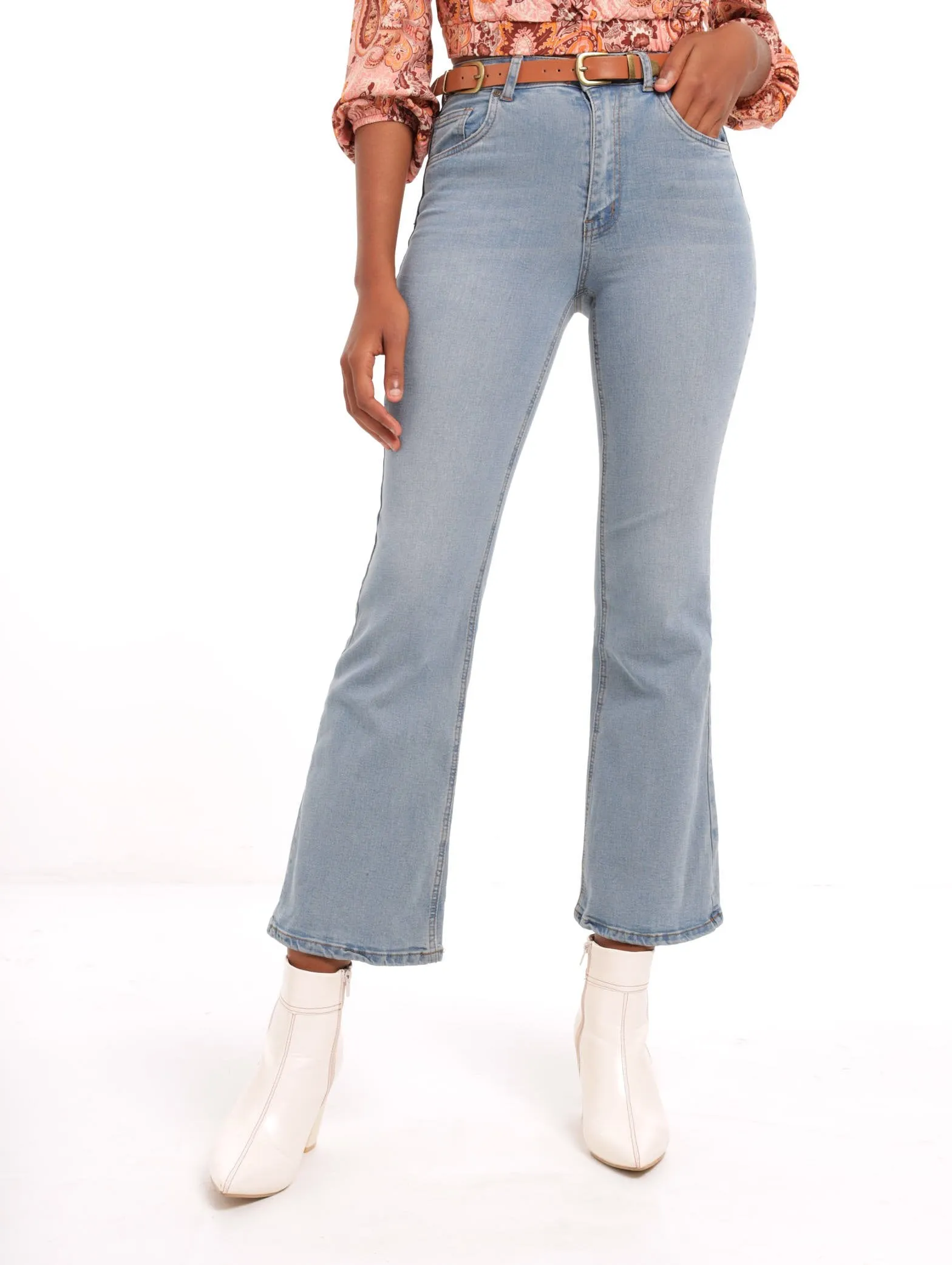 Ladies Hi Waist Flareleg Belted Jean - Light Wash sold by Edgars