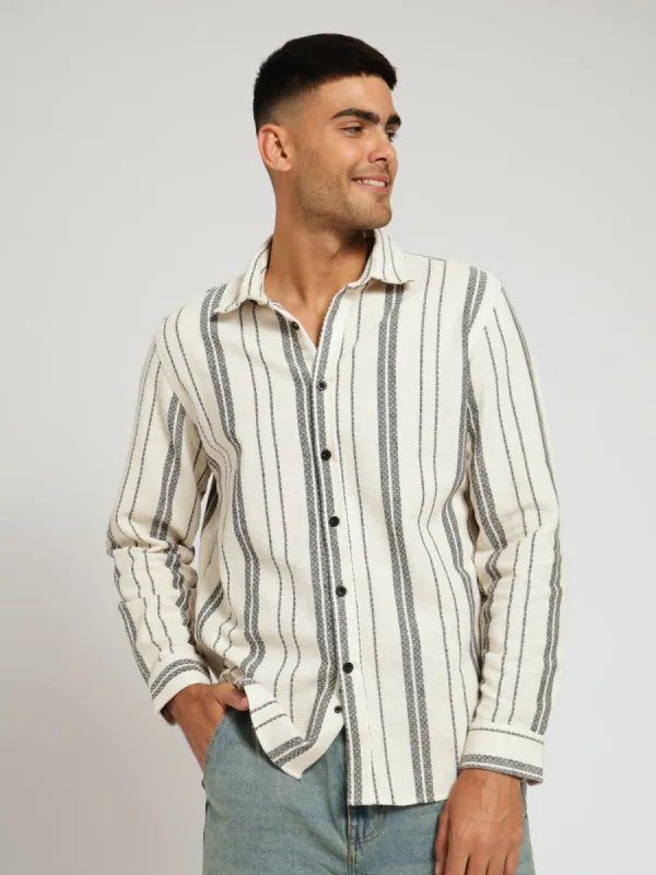 Ecru Long Sleeve Waffle Stripe Shirt - Off White sold by Edgars