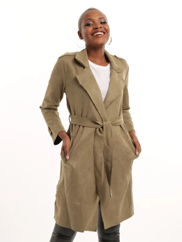 Ladies Collared Belted Suede Coat - Fatigue sold by Edgars