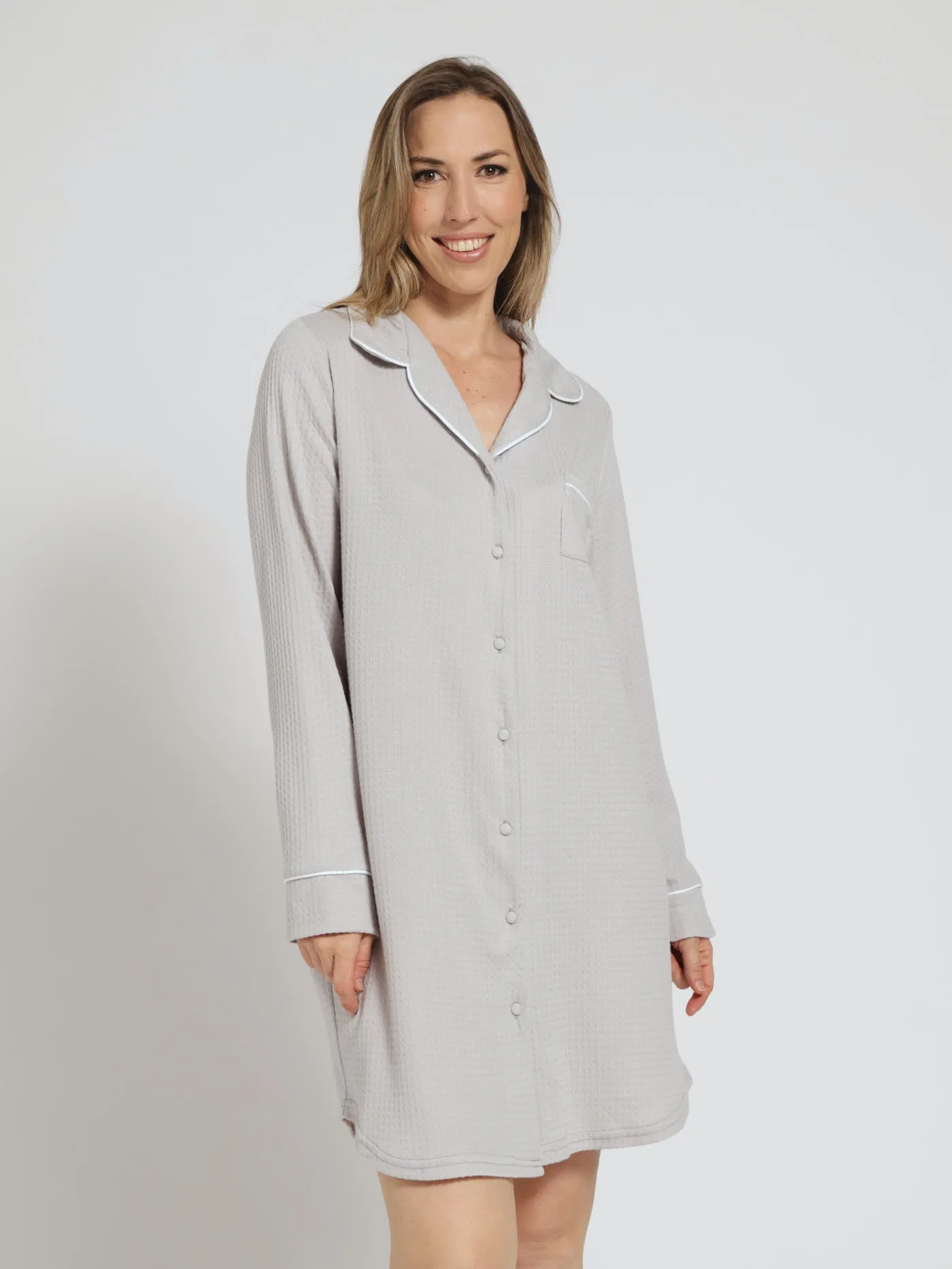 Long Sleeve Texture Button Though Sleep Shirt - Grey sold by Edgars