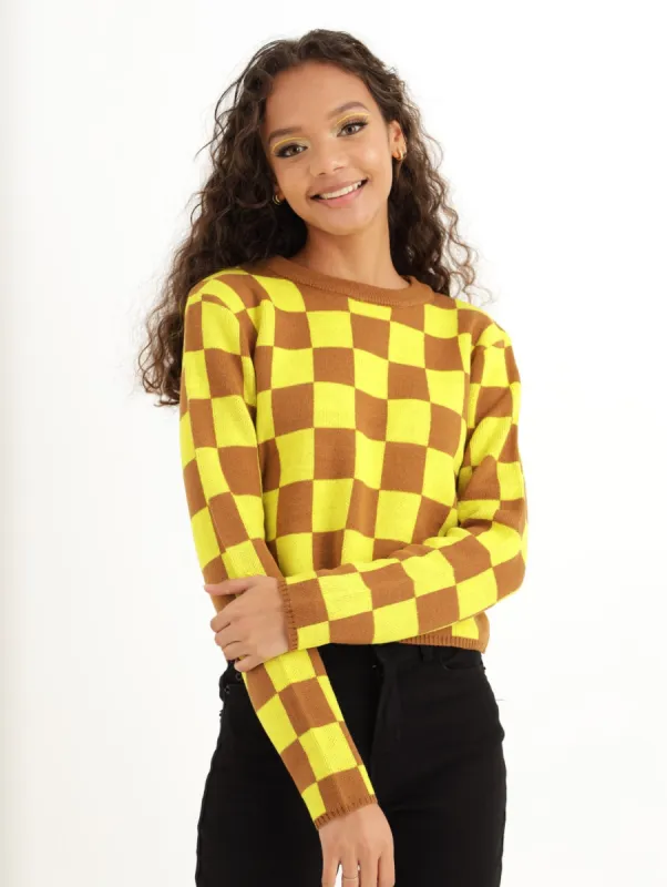 Ladies Boxy Checkerboard Knitwear - Chartreuse sold by Edgars