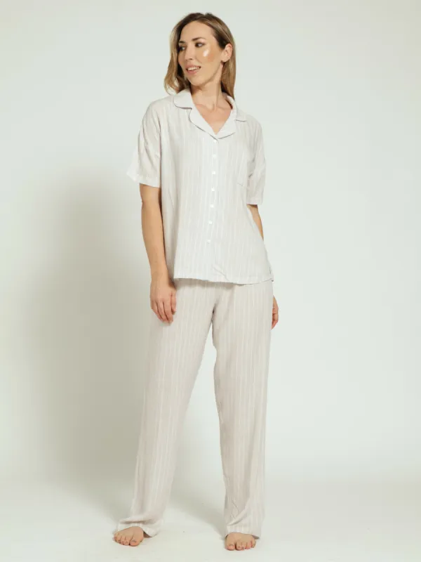 Button Through Linen Stripe Shirt & Pant Pj Set - Light Stone sold by Edgars