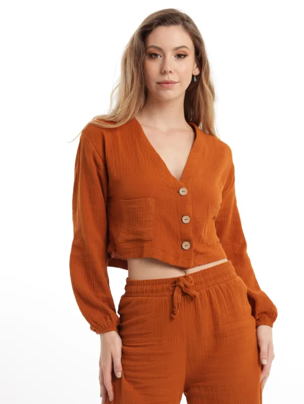 Ladies Bonded Cheese Cloth Drawchord Top - Tobacco sold by Edgars