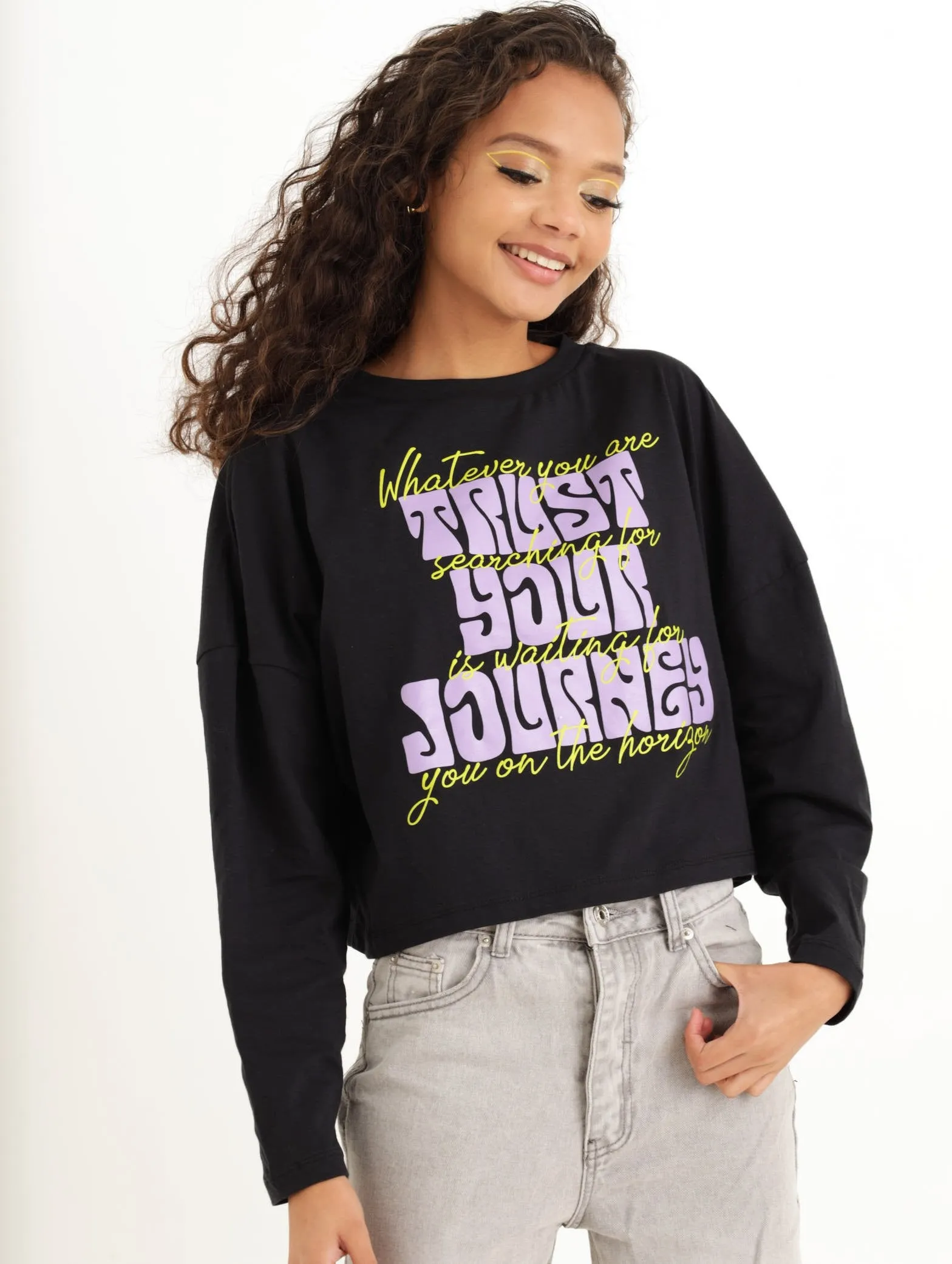 Ladies Long Sleeve Graphic Boxy Tee - Black sold by Edgars