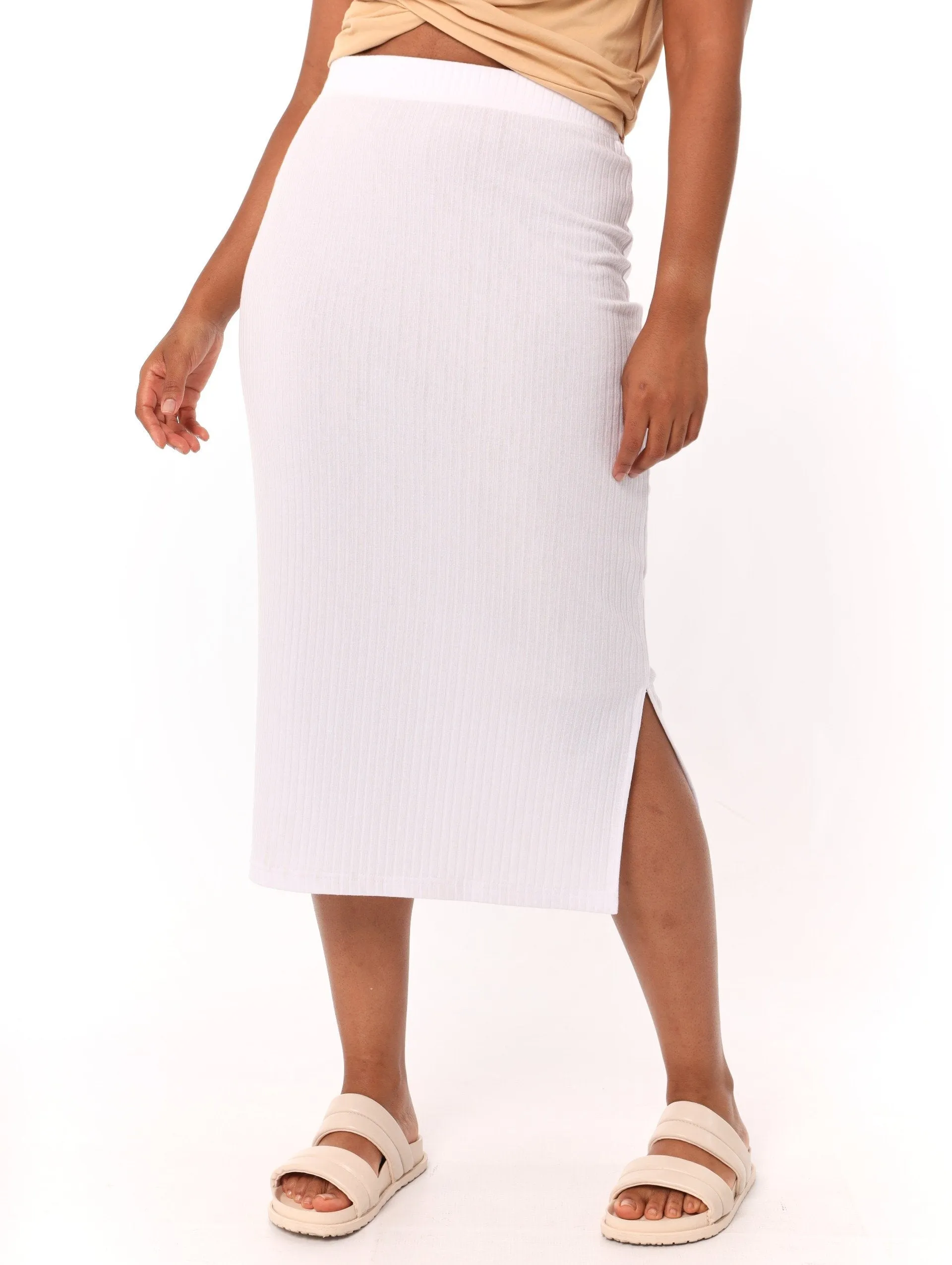 Ladies Side Slit Rib Midi Skirt - White sold by Edgars