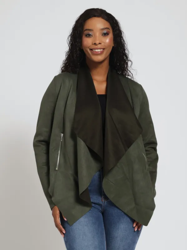 Long Sleeve Suede Waterfall Jacket With Zip Detail - Fatigue sold by Edgars