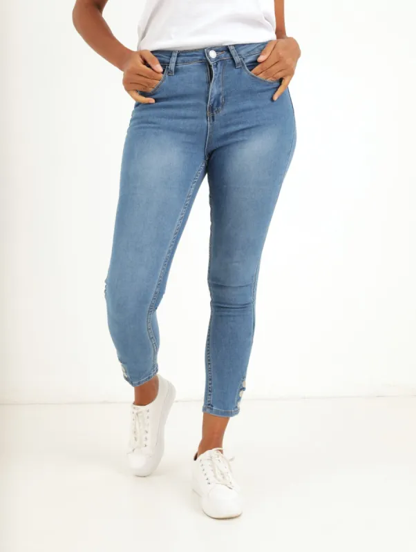 Ladies Mid Denim Skinny Ankle Button Denim Jean sold by Edgars