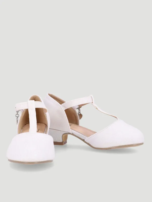 Pre-Girls Glitter T-Bar Heel - White sold by Edgars