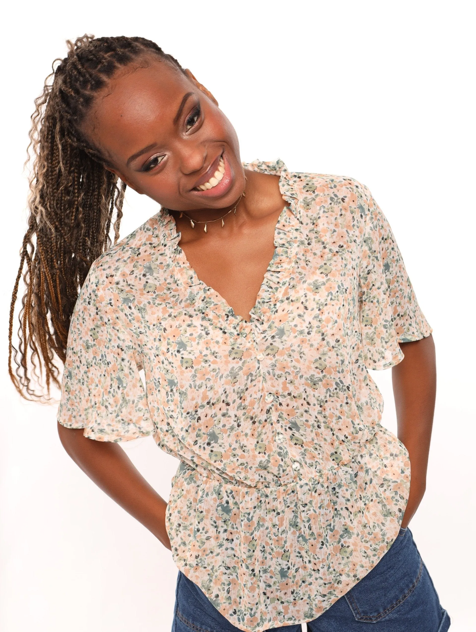 Ladies Showrt Sleeve V-Neck Floral Blouse sold by Edgars