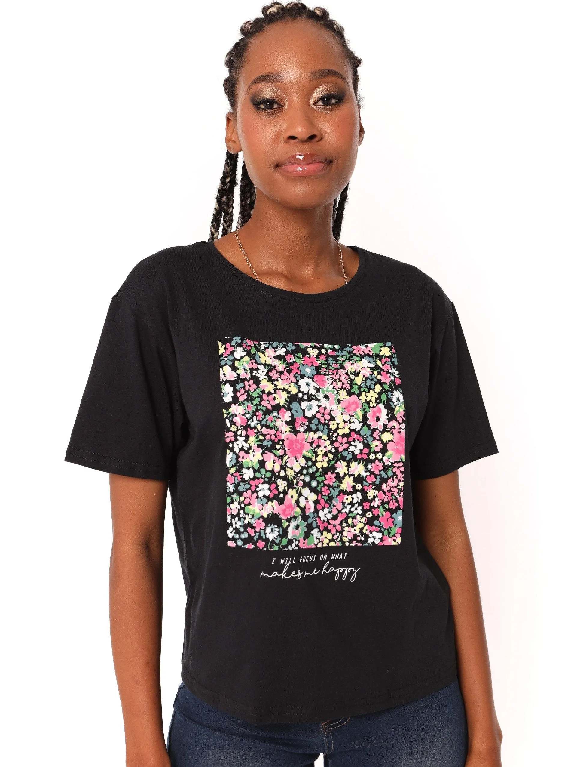 Ladies Boxy Flower Tee - Black sold by Edgars