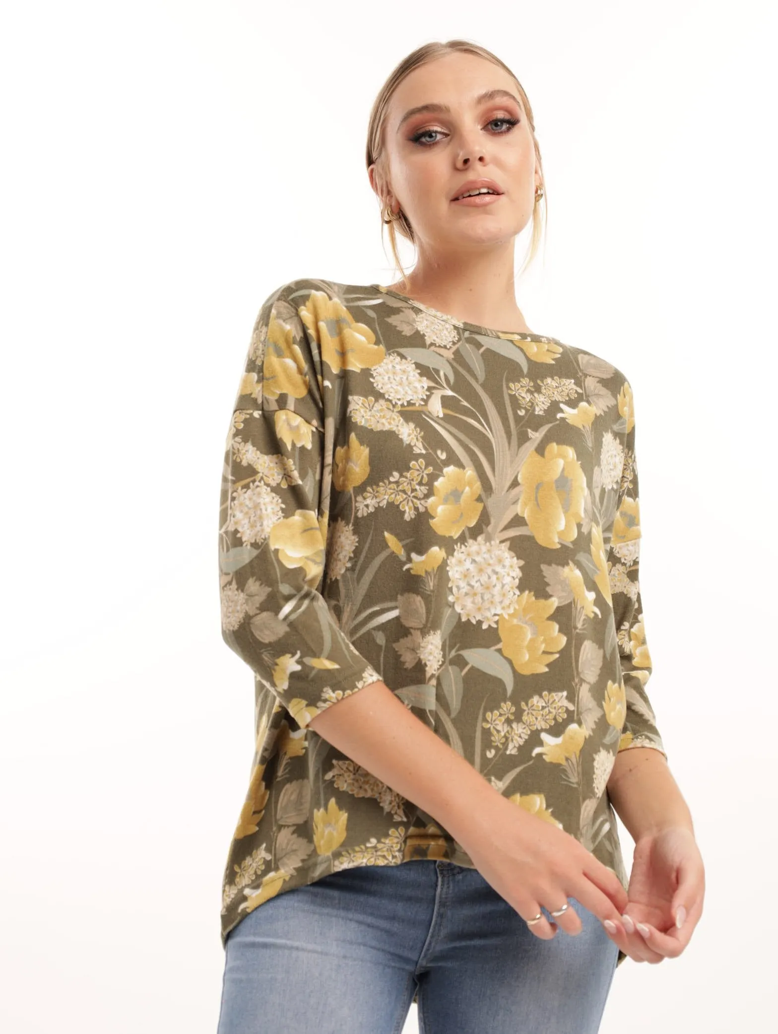 Ladies Loose Drop Shoulder Hilo 3/4 Sleeve Tee - Floral sold by Edgars
