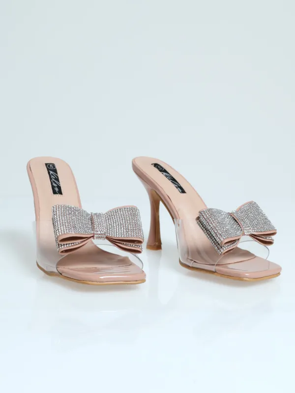 Vinyl With Diamante Bow Sandal On Shaped Heel - Natural sold by Edgars