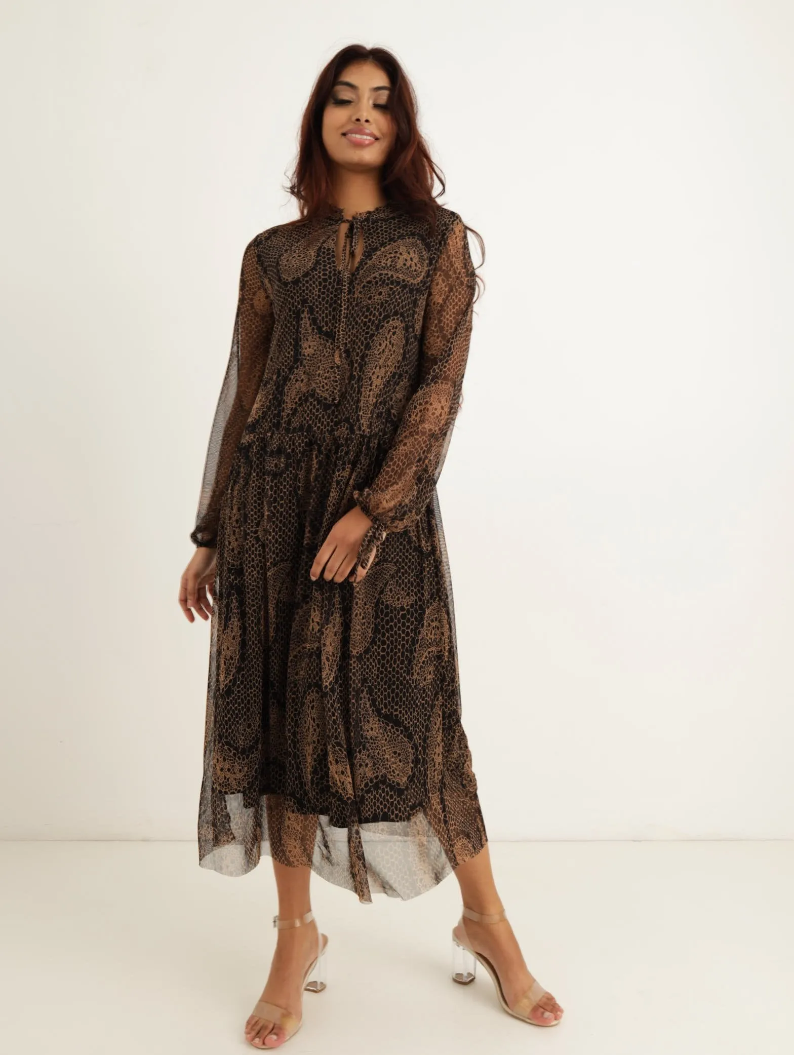 Ladies Long Sleeve Paisley Print Mesh Shift Dress - Black sold by Edgars