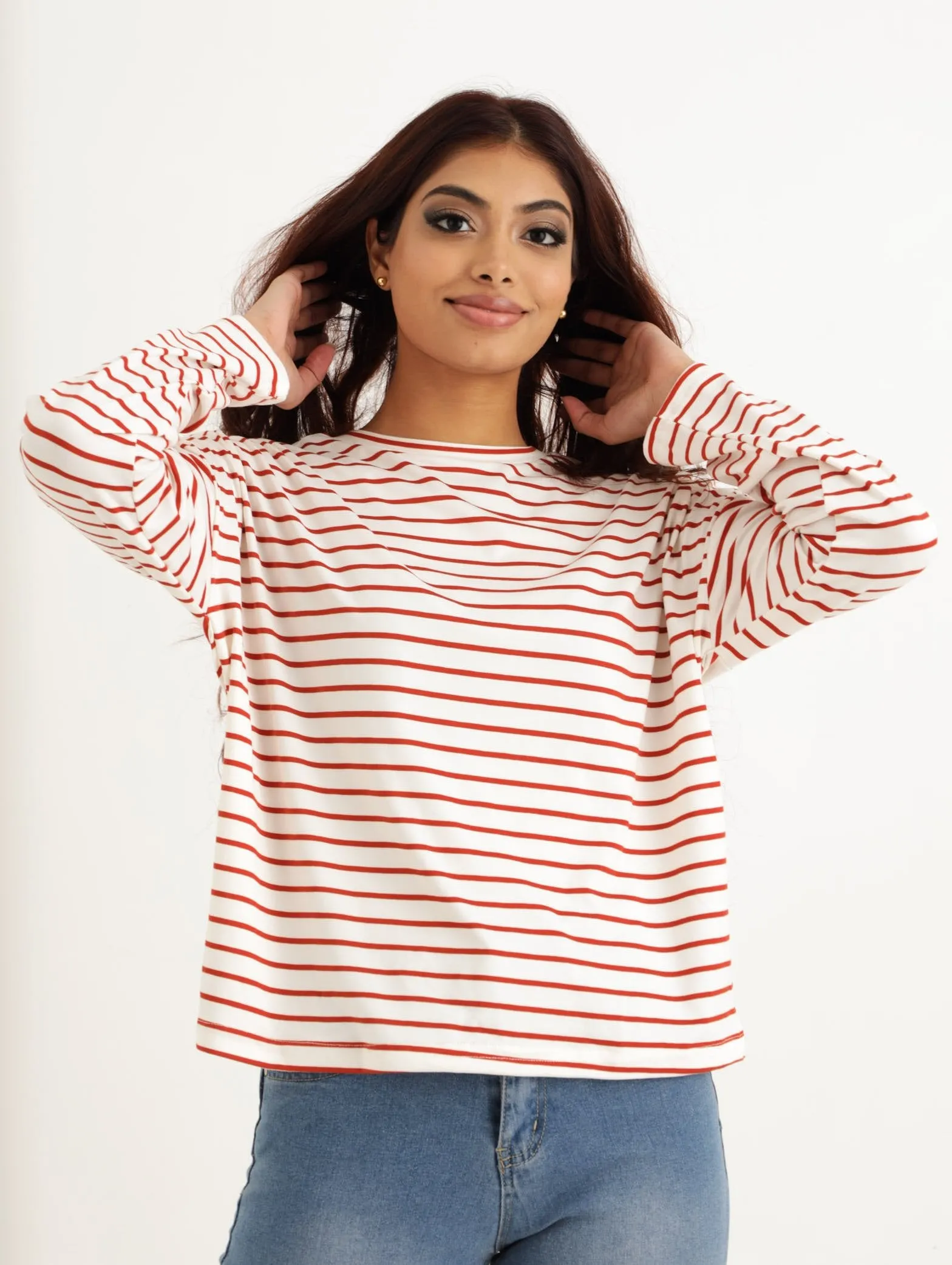 Ladies Long Sleeve Loose Stripe Easy Tee - Rust sold by Edgars