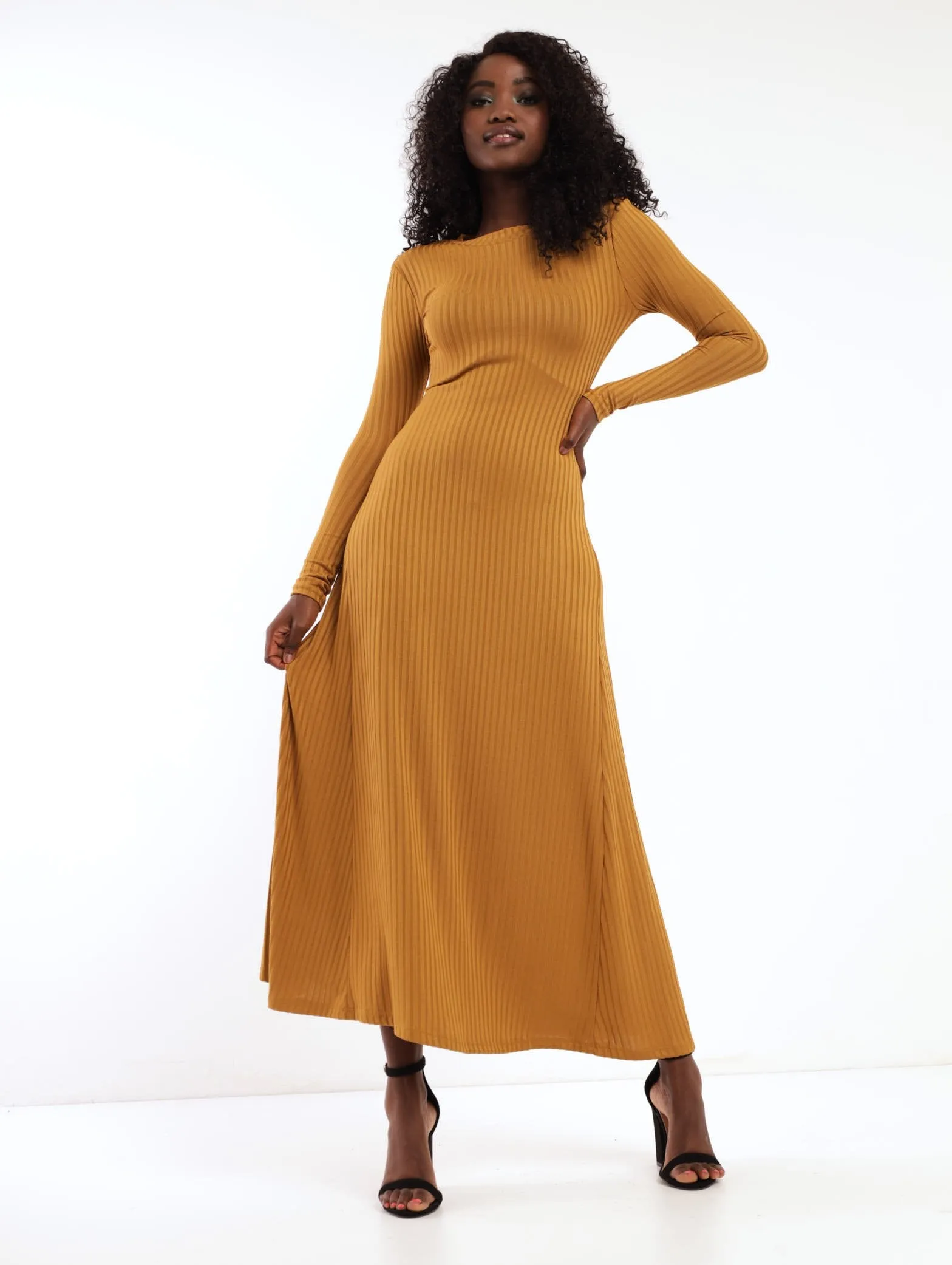 Ladies Knit Flared Warm Ribb Midi Dress - Brown sold by Edgars