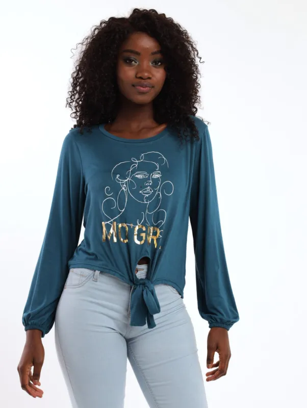 Ladies Long Sleeve Tie Front Tee - Teal sold by Edgars