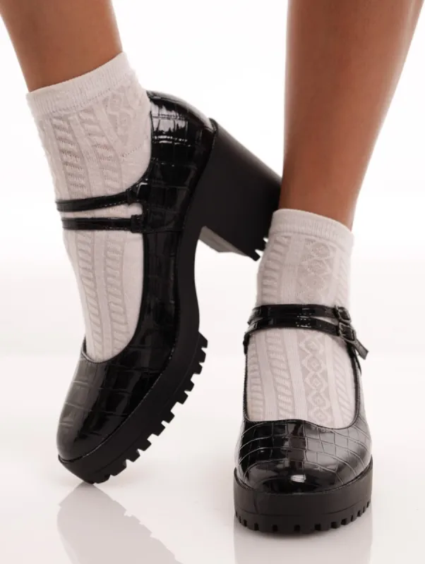 Ladies Double Strap Mary Jane Platfom Heel - Black sold by Edgars