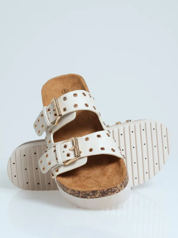 Chunky Slide Studded Mule Sandal with buckle & Eyelets - Off White sold by Edgars