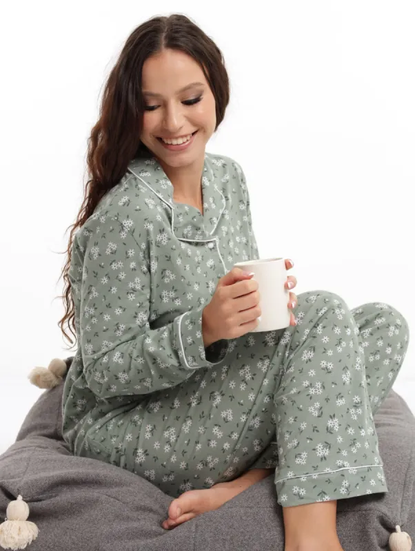 Ladies Ditsy Floral Button Through Pj Set - Green sold by Edgars