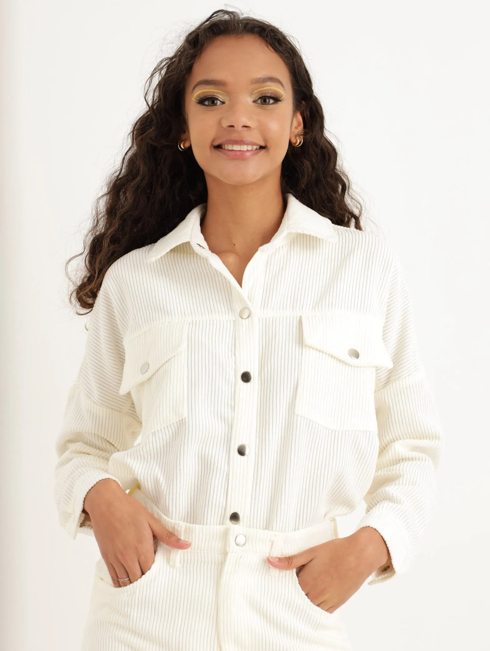 Ladies Cord Raw Hem Shirt Set - Cream sold by Edgars