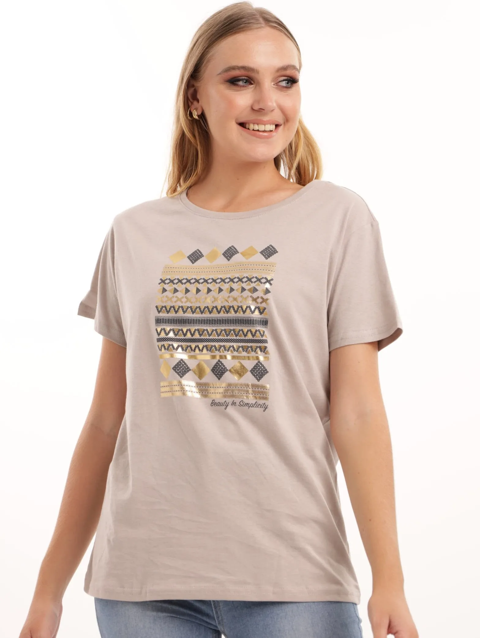 Ladies Fitted Geometric Tee - Light Stone sold by Edgars