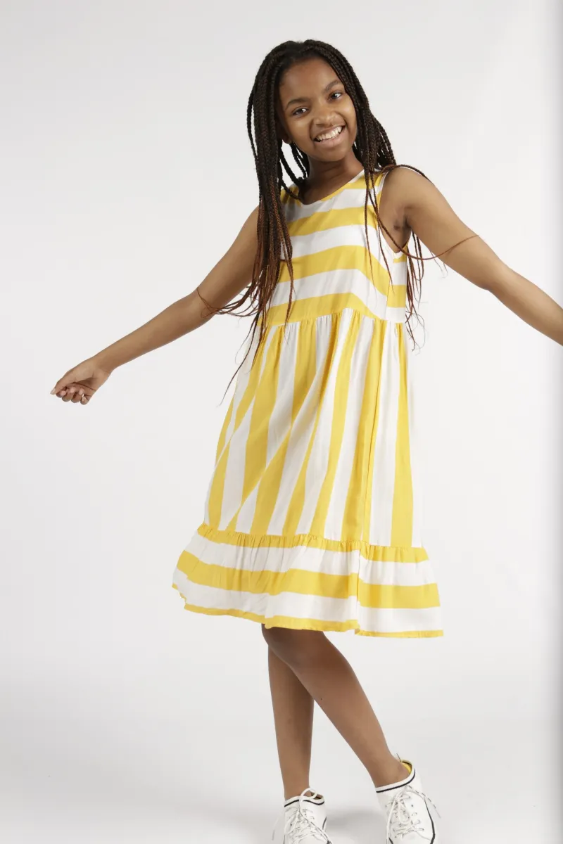 Girls Striped Frill Hem Woven Dress - Mustard sold by Edgars