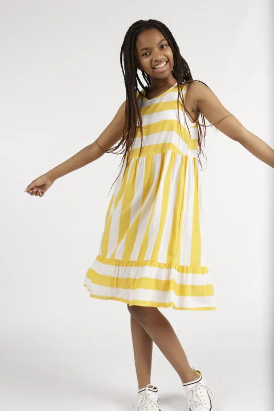 Girls Striped Frill Hem Woven Dress - Mustard sold by Edgars