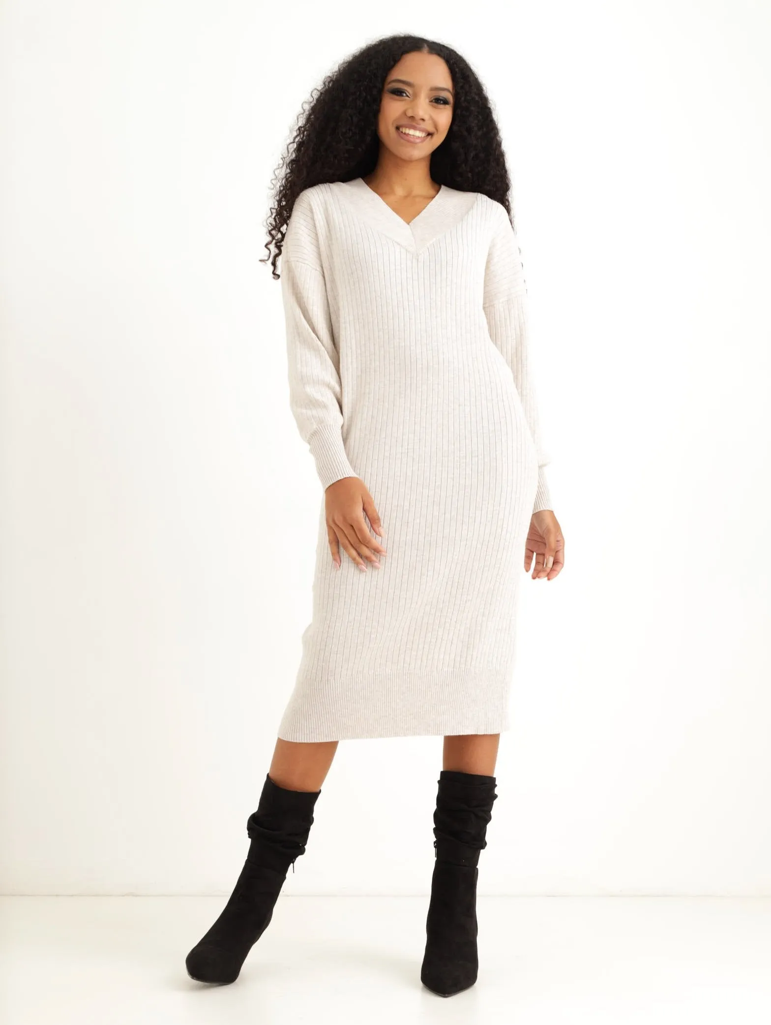Ladies V-Neck Midi Knitwear Dress - Oatmeal sold by Edgars