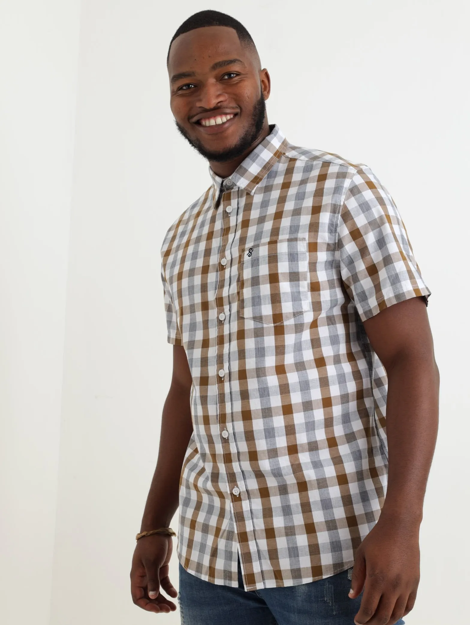 Men's Short Sleeve Medium Check Shirt - Brown/White sold by Edgars