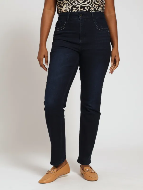 Side Leg Bling Straight Denim Jean - Dark Wash Ink sold by Edgars