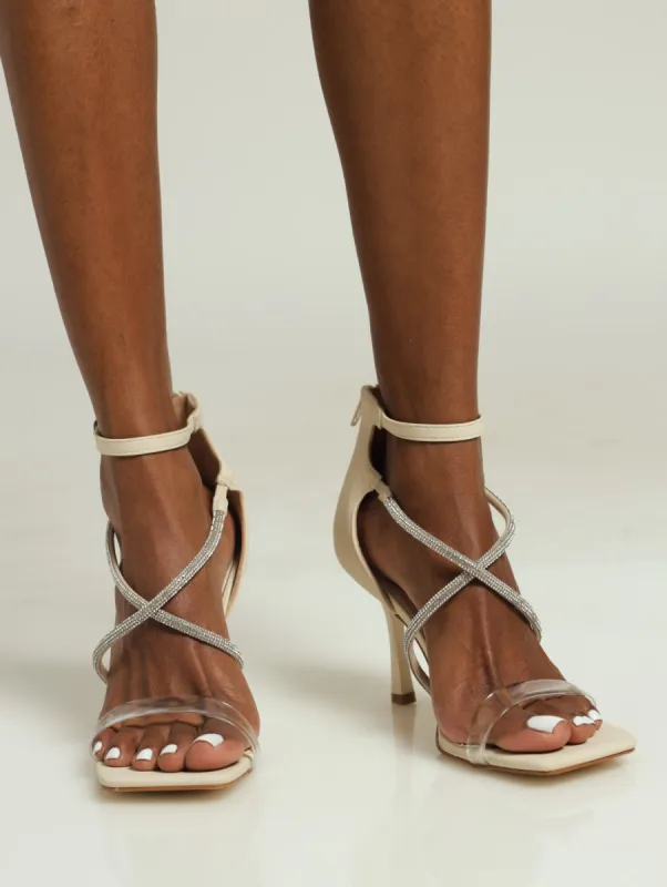 Diamante Cross Strap Heel With Ankle Strap - Natural sold by Edgars