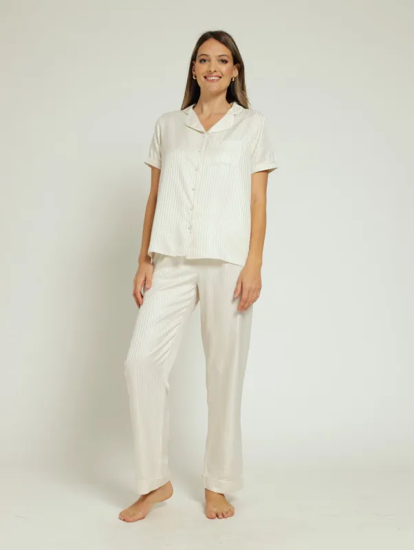 Satin Shadow Stripe Button Through & Pant - Cream sold by Edgars
