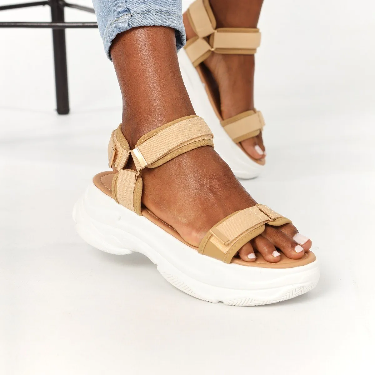 Ladies Multi-Fabric Velcro Platform Sport Sandal - Taupe sold by Edgars