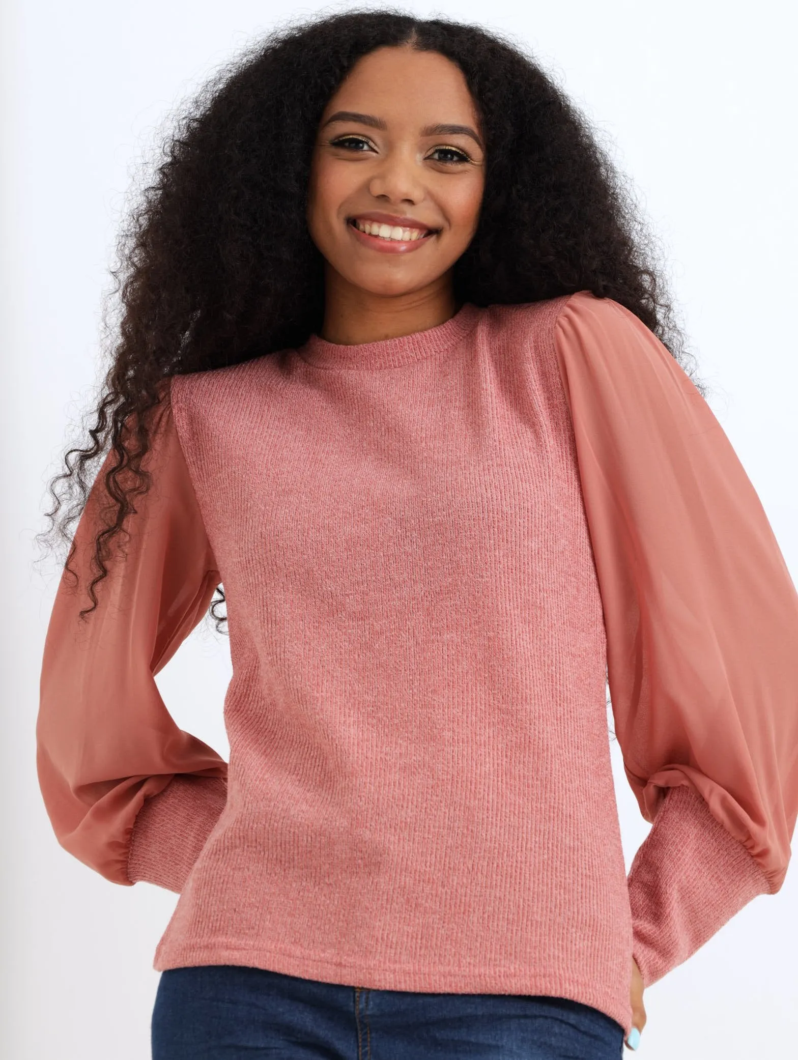 Ladies Chiffon Sleeve Knit Top - Dusty Pink sold by Edgars