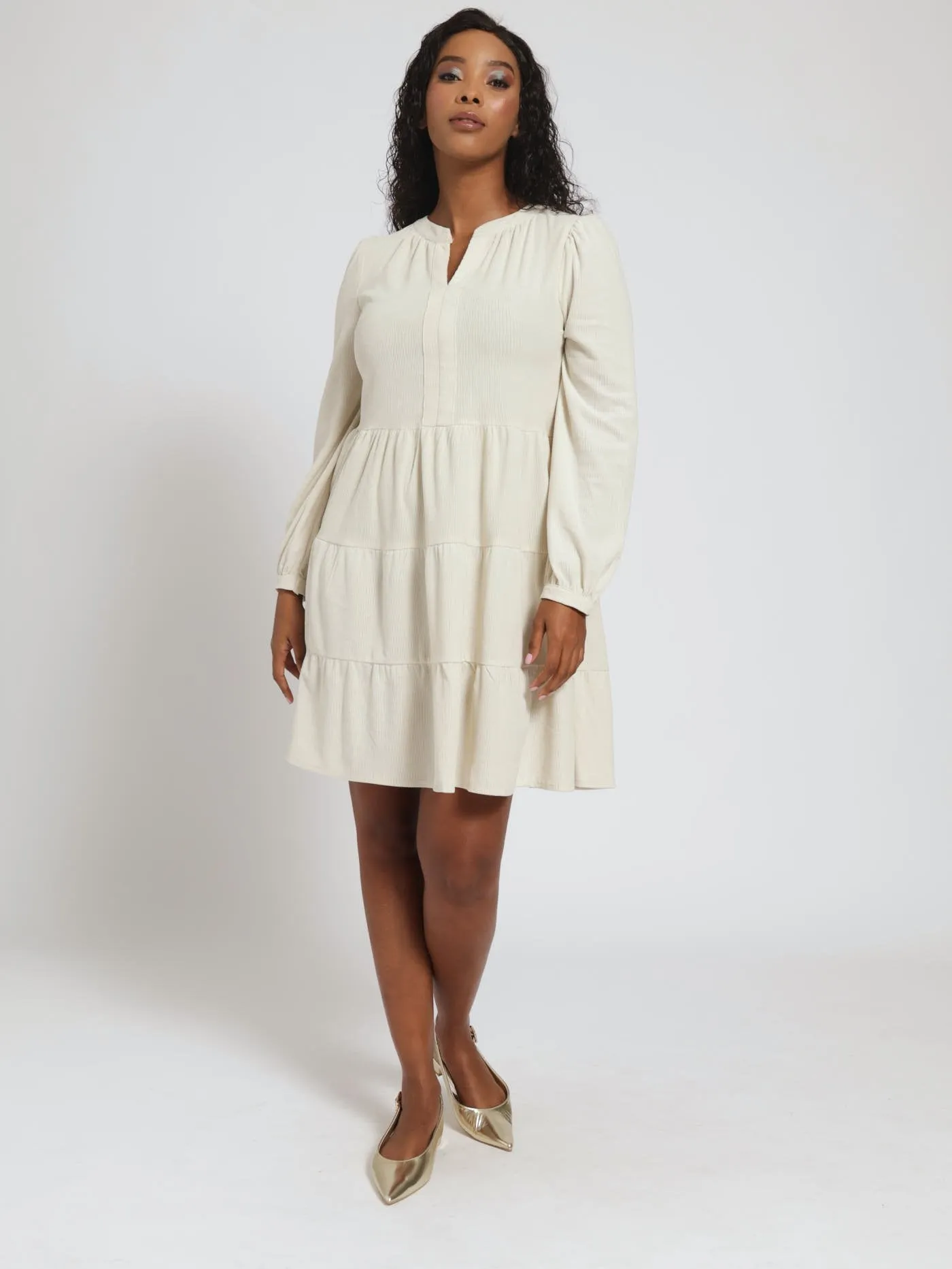 Long Sleeve 1/2 Pleated Tiered Corduroy Dress - Bone sold by Edgars product image thumbnail 4