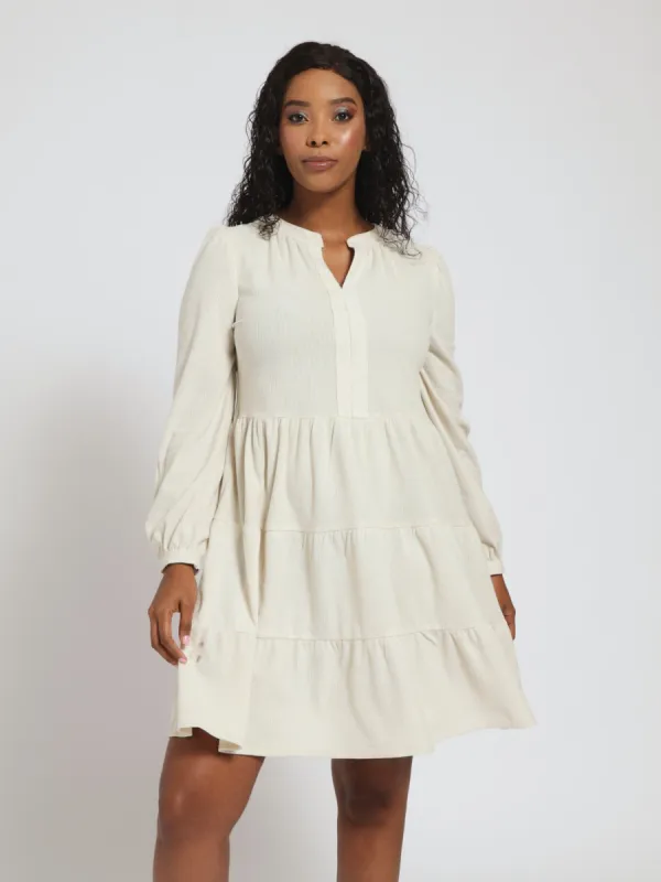Long Sleeve 1/2 Pleated Tiered Corduroy Dress - Bone sold by Edgars 