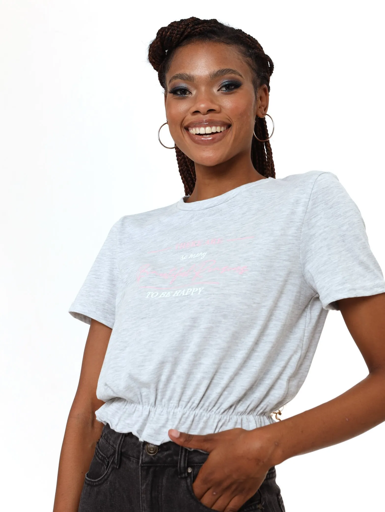 Ladies Short Sleeve Elasticated Tee - Grey Melange sold by Edgars