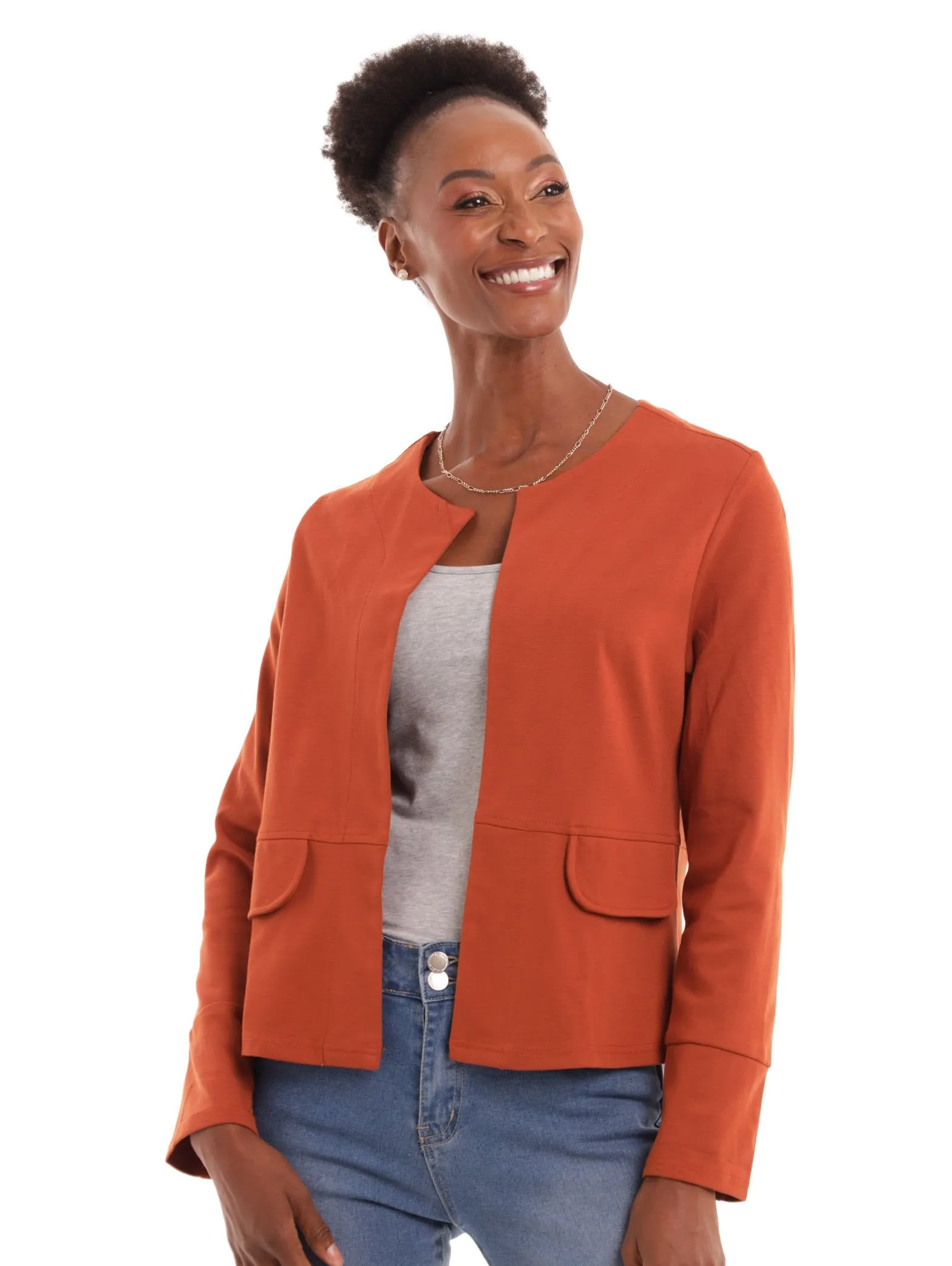 Ladies Collarless Ponti Jacket - Rust sold by Edgars