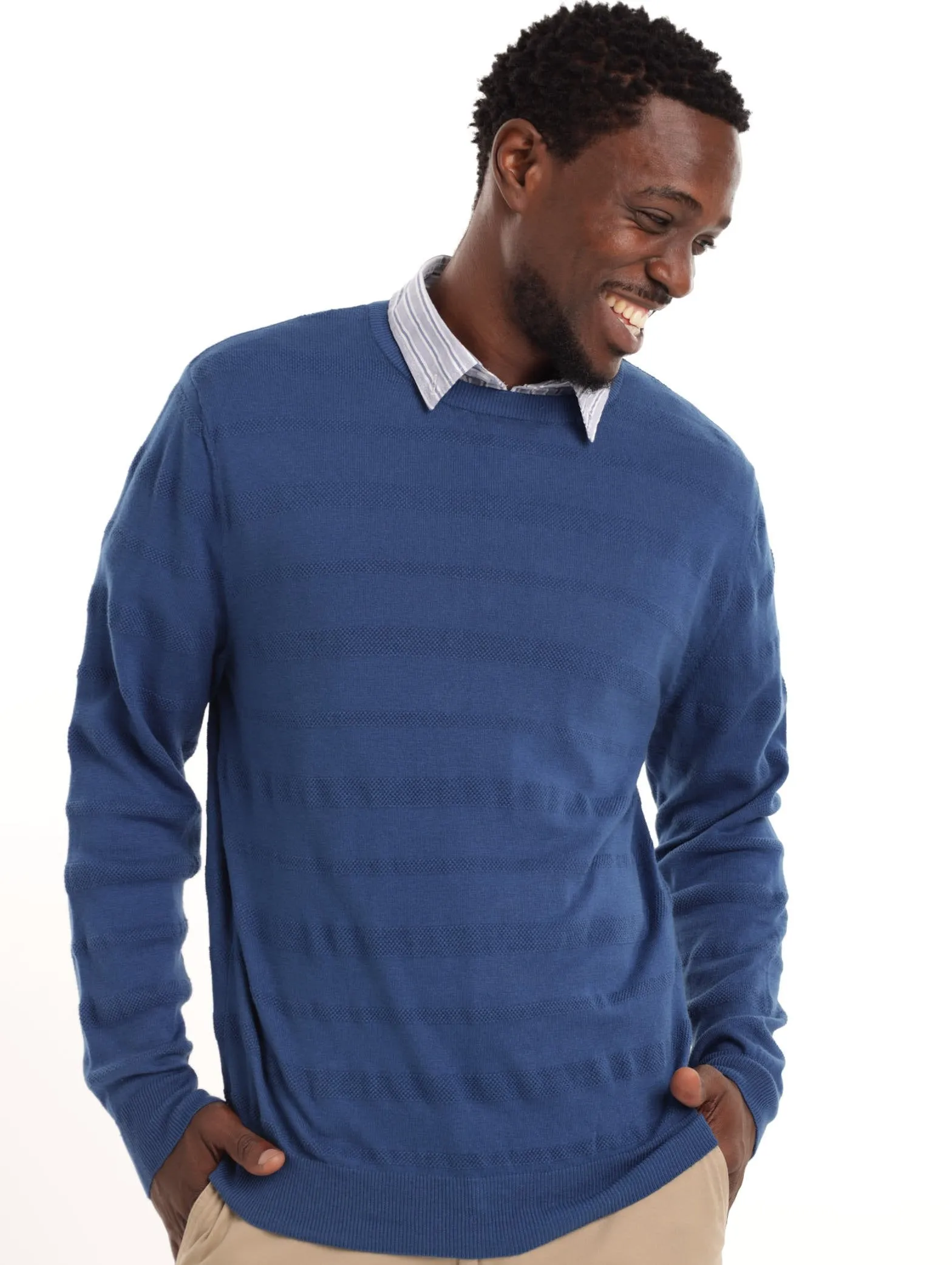 Men's Plain Pique Crew Knit Top - Blue sold by Edgars