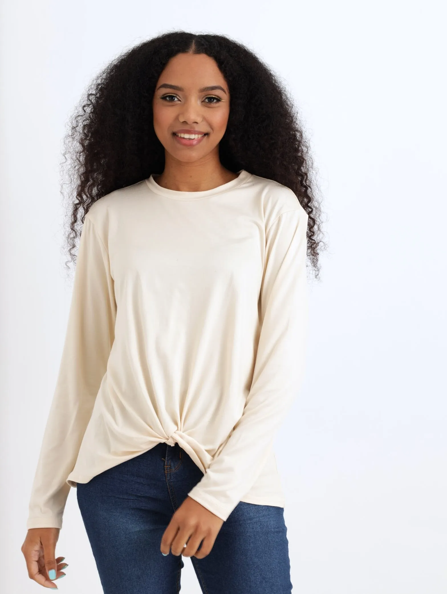 Ladies Long Sleeve Knot Front Tee - Cream sold by Edgars
