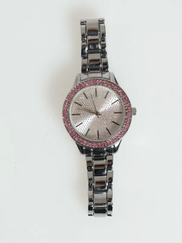 Pink Diamante Boyfriend Metal Strap Watch - Silver sold by Edgars
